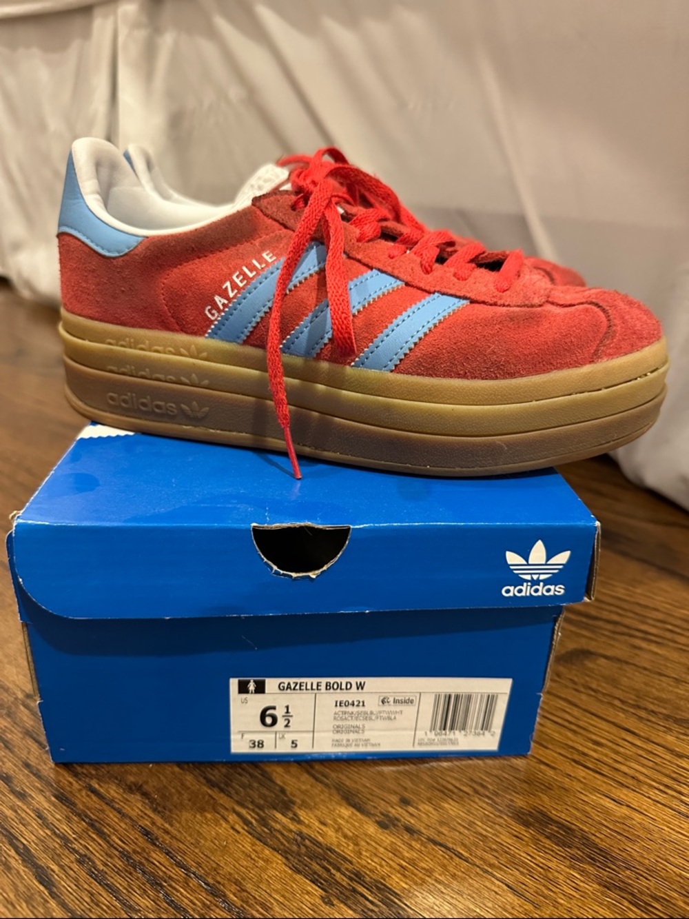 adidas Gazelle Bold W Suede Sneaker - Red with Light Blue Stripes and Gum Sole